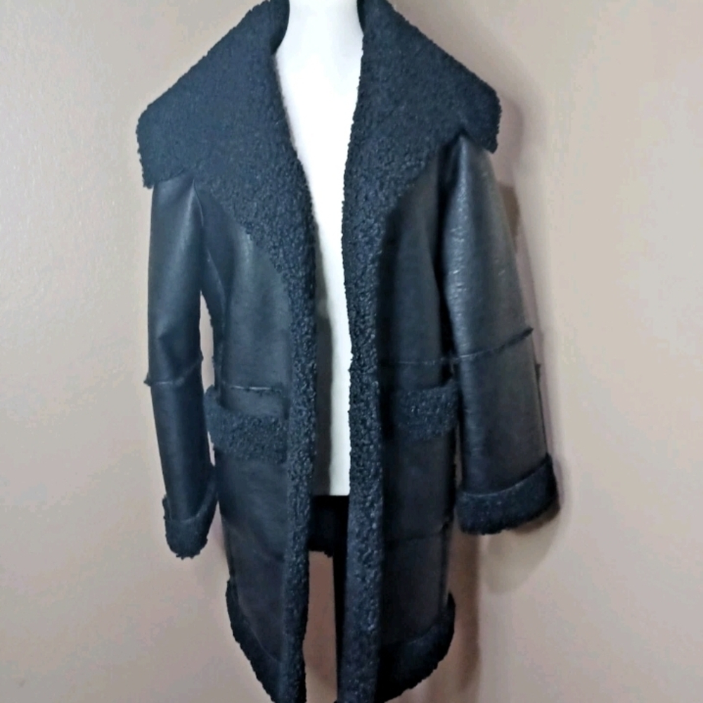 Elie Tahari Women Black Open-Front Faux-Shearling Sherpa-Trim Coat Jacket M